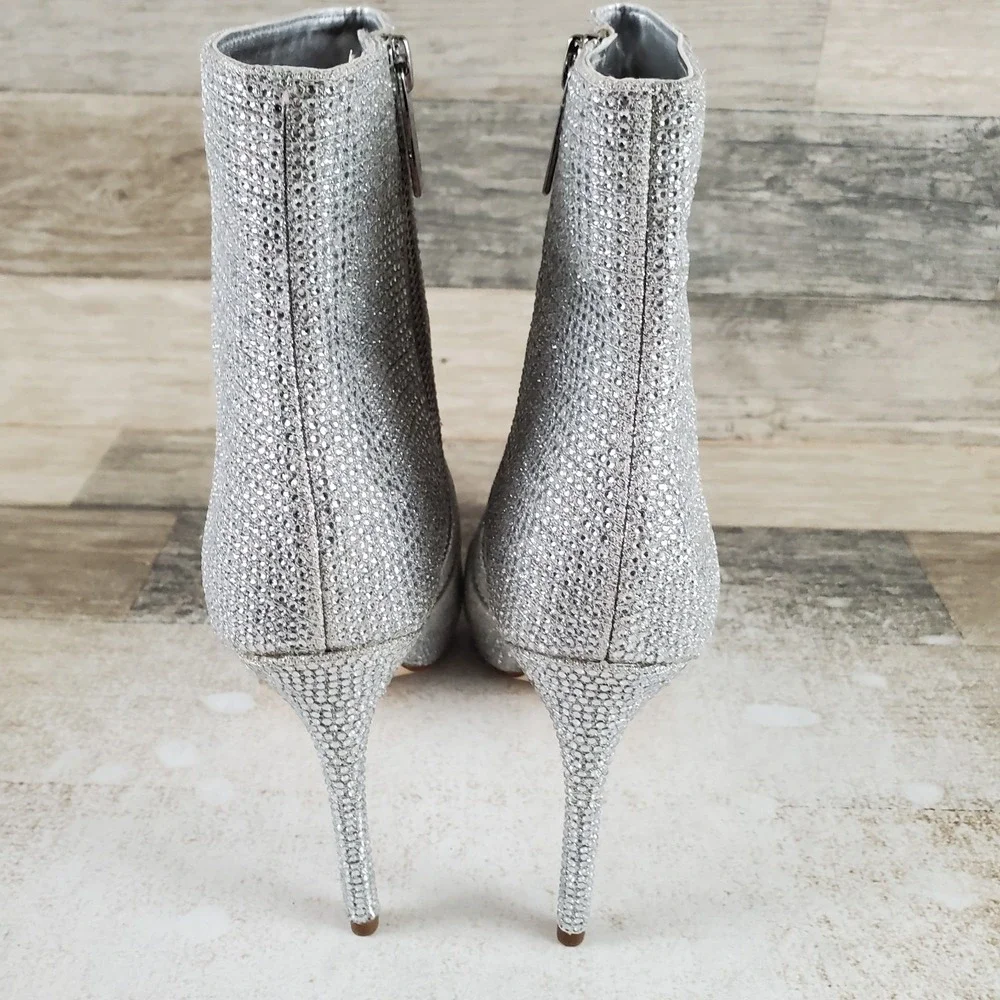 Michael Kors Rue Bootie Womens Sz 6 M Silver Rhinestone Pointy Toe Stiletto Heel